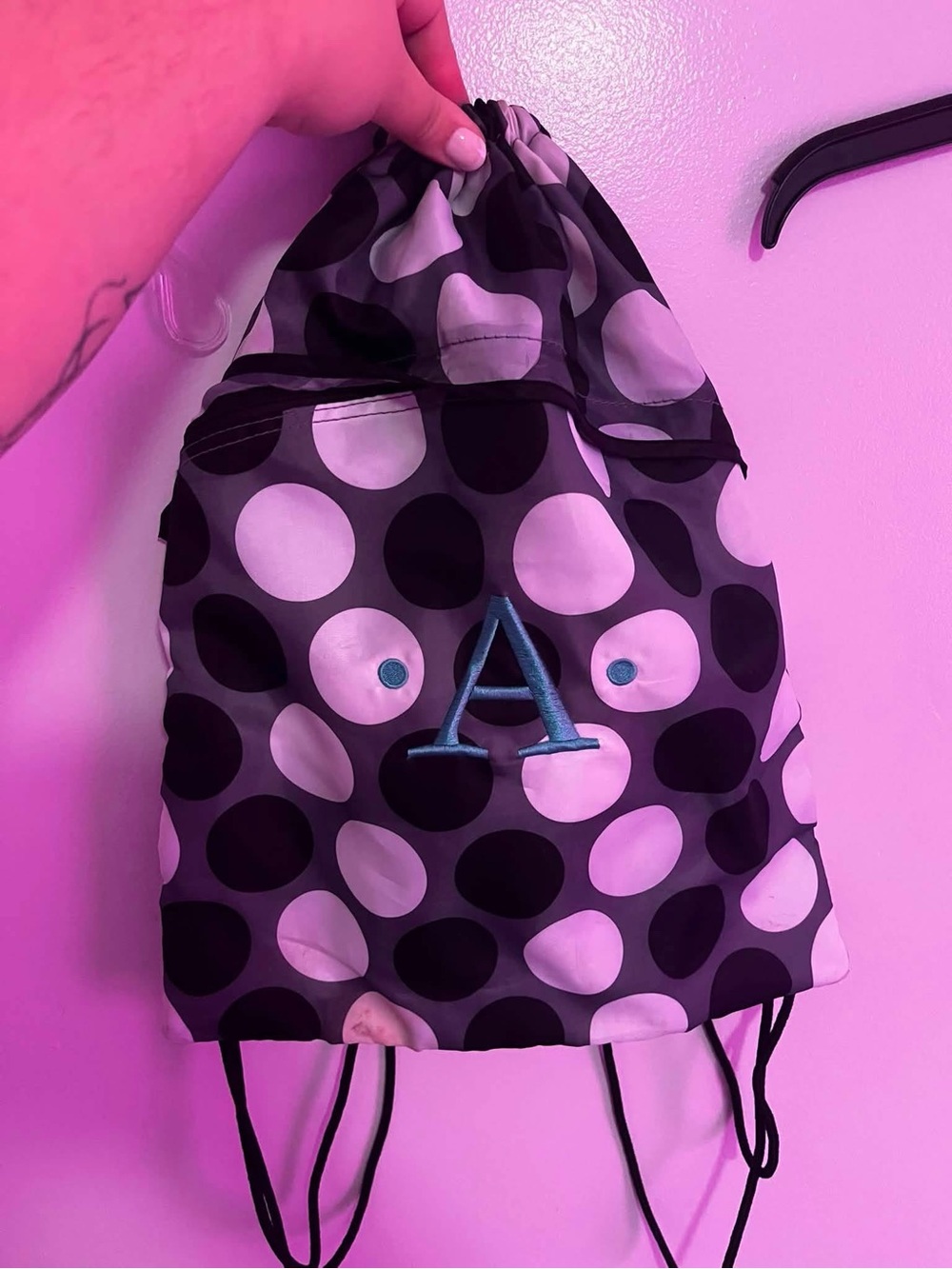 Polka Dot Drawstring Backpack with Monogram A - Black & White